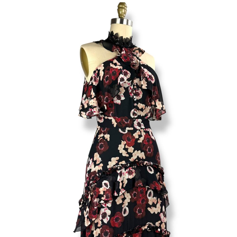 New w/Tag NICHOLAS silk floral ruffle tiered asymmetrical Goddess gown - Picture 9 of 17